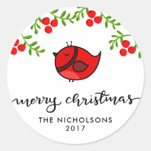 Cute Red Bird Merry Christmas Handwritten Holiday Classic Round Sticker