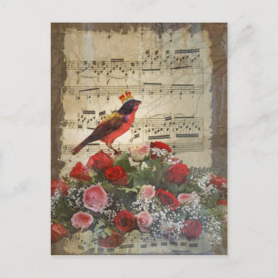 Cute red bird & vintage music sheet postcard