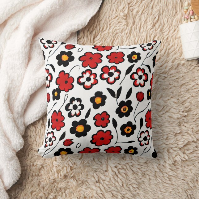 Cute Red, Black and White Flower Pattern Throw Pillow (Blanket)