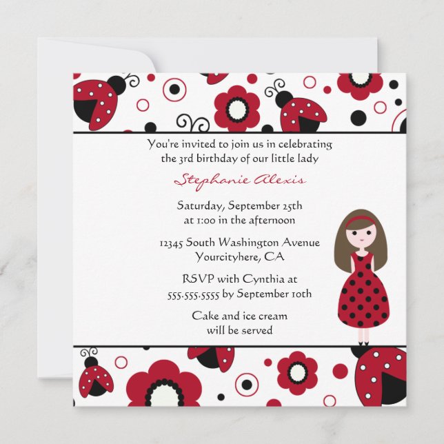 Cute red black lady bugs birthday party invitation (Front)
