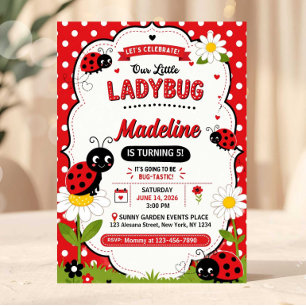 Cute Red Black Ladybug Daisy Birthday Invitation