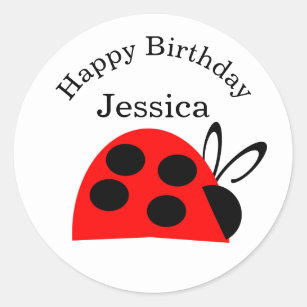 Cute Red Black Ladybug Name Birthday  Classic Round Sticker