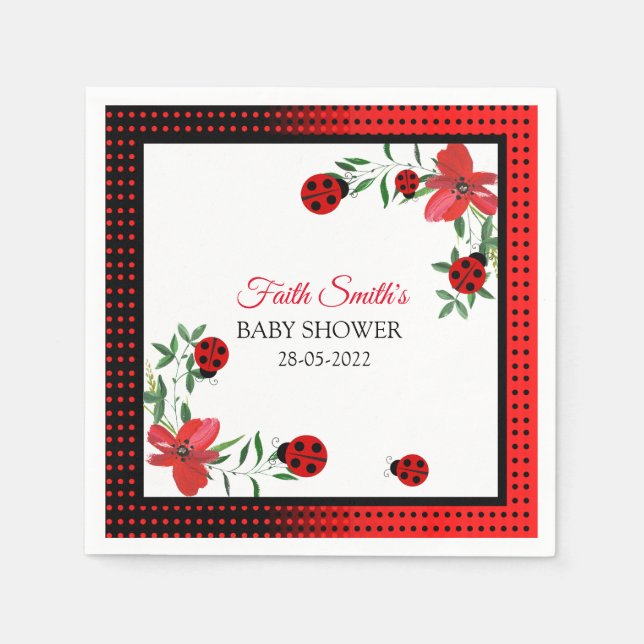 Cute Red & black Ladybugs | Watercolor Flowers  Napkin (Front)