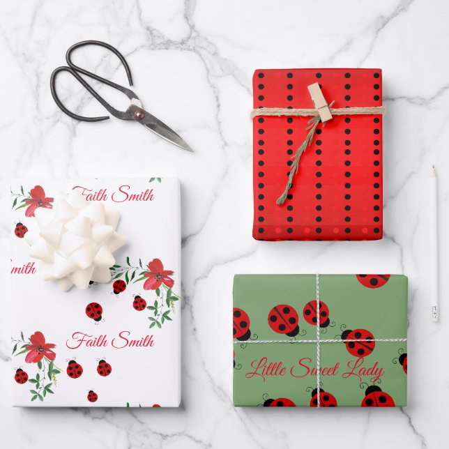 Cute Red & black Ladybugs | Watercolor Flowers  Wrapping Paper Sheet (Front)