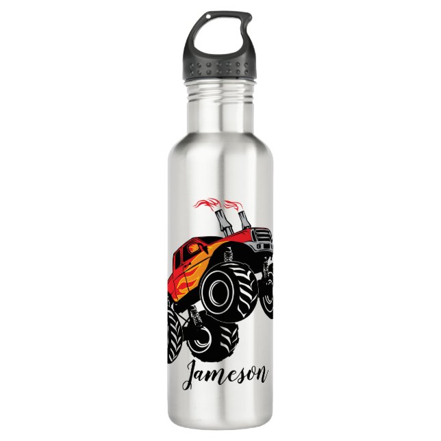 Cute Red Black Monster Truck Name Personalized 710 Ml Water Bottle (Front)