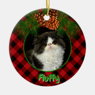 Cute red black plaid pinecone pet photo template ceramic ornament