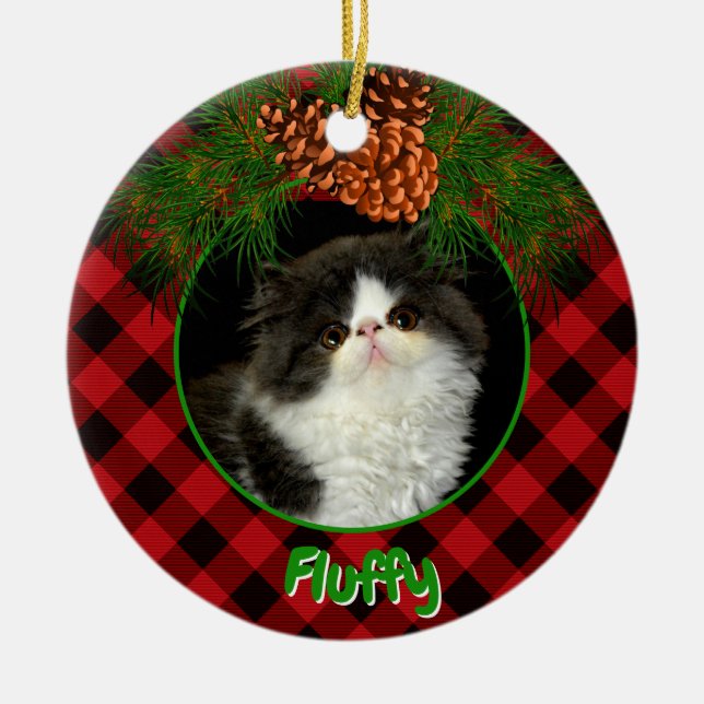 Cute red black plaid pinecone pet photo template ceramic ornament (Front)