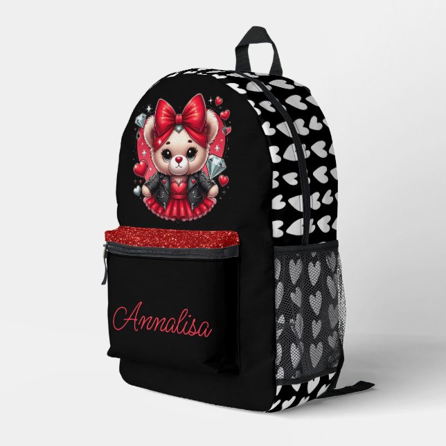 Cute red & Black Teddy Bear Moto Jacket Heart Printed Backpack (Back Corner Right)