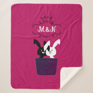 Cute Red Black White Kawaii Bunny Friend Monogram  Sherpa Blanket