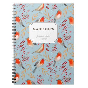 Cute Red blue Christmas bird robin Pattern Notebook
