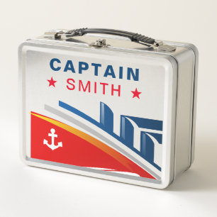 Cute Red Blue Nautical Ship Kids Name Metal Lunch Box