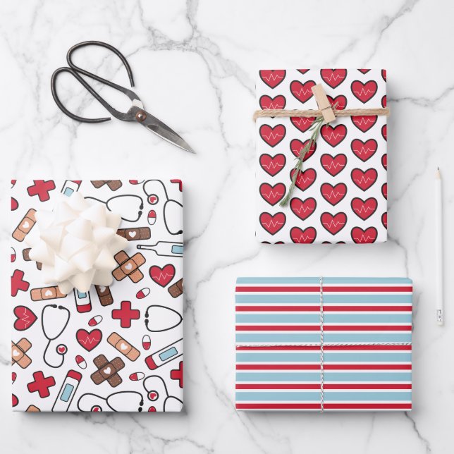 Cute Red Blue Nurse Doctor Medical Patterns Wrapping Paper Sheet (Front)