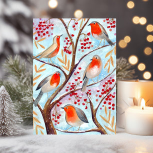 Cute red & blue Robin birds in tree with berries Holiday Card