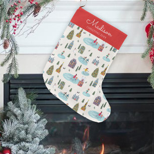 Cute Red & Blue skating winter landscape pattern Large Christmas Stocking
