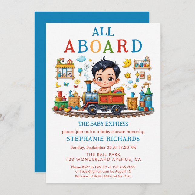 Cute Red Blue Train Baby Shower Boy Invitation (Front/Back)