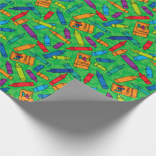 Cute Red Blue Yellow Crayons on Green Pattern Wrapping Paper