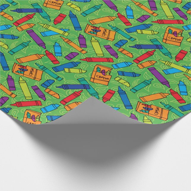 Cute Red Blue Yellow Crayons on Green Pattern Wrapping Paper (Corner)