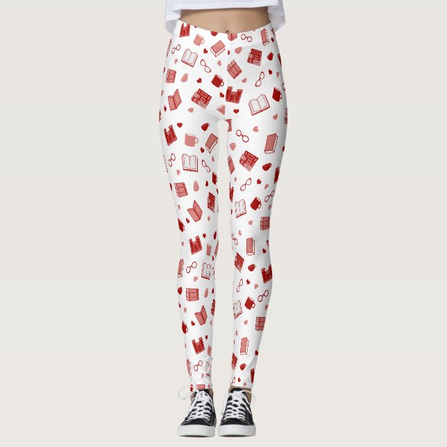 Cute Red Book and Reading Pattern Leggings (Front)