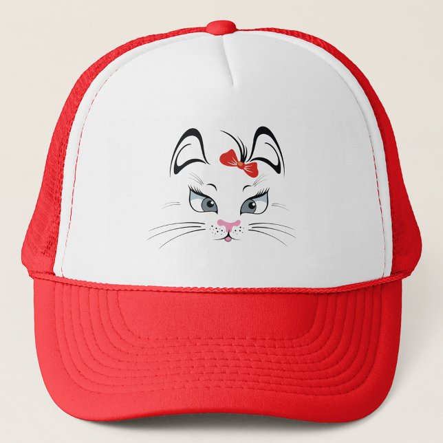 Cute Red Bow Cat Trucker Hat (“Purrfectly stylish—this red bow cat cap adds charm to any look!”)