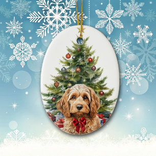 Cute Red Bow Cockapoo Dog Christmas Ceramic Ornament