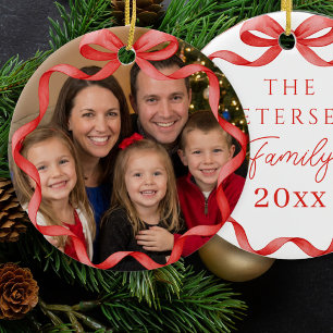 Cute red bow family photo keepsake Christmas Ceramic Ornament
