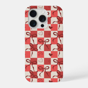 Cute Red Bow & Heart Chequerboard Pattern iPhone 15 Pro Case