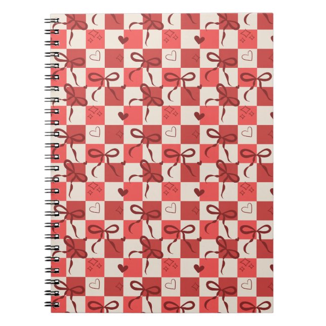 Cute Red Bow & Heart Chequerboard Pattern Notebook (Front)