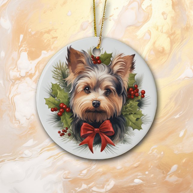 Cute Red Bow Holly Wreath Yorkie Dog Ceramic Ornament (Creator Uploaded)