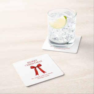  Cute Red Bow Merry Christmas Square Paper Coaster