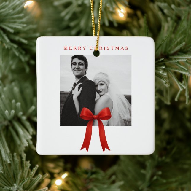  Cute Red Bow Photo Merry Christmas Ceramic Ornament (Tree)