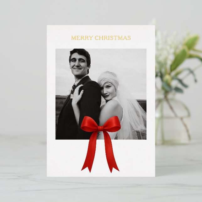  Cute Red Bow Photo Merry Christmas Foil Holiday Card (Standing Front)