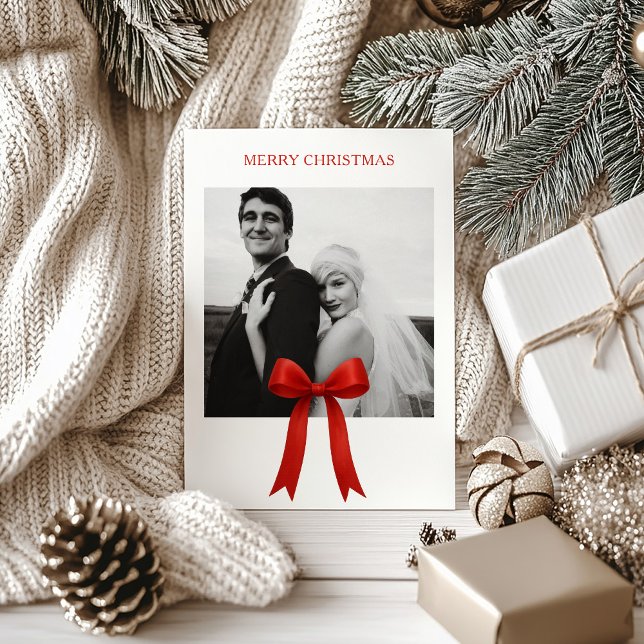  Cute Red Bow Photo Merry Christmas Holiday Card (Creator Uploaded)