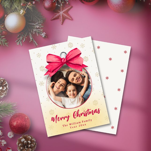 Cute Red Bow Photo Ornament Christmas Family Name Holiday Card (Cute Red Bow Photo Ornament Christmas Family Name Holiday Card)