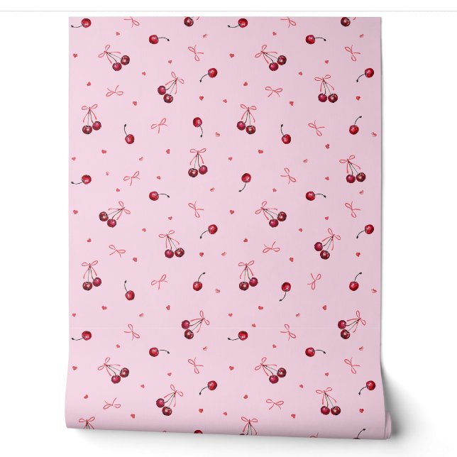 Cute Red Bows Cherries Hearts  on Pink Wallpaper (Unrolling)