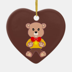 Cute Red Bowtie Beige Teddy Bear Brown Ceramic Ornament