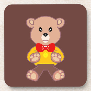 Cute Red Bowtie Beige Teddy Bear Brown Coaster