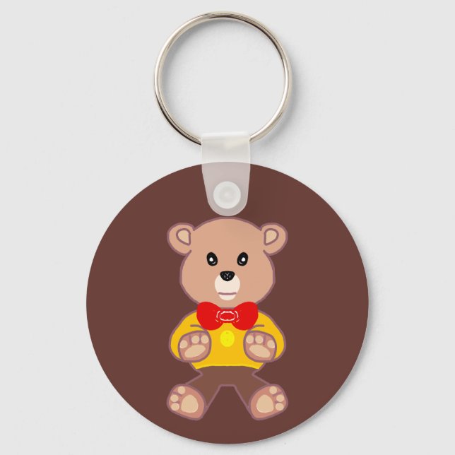 Cute Red Bowtie Beige Teddy Bear Brown  Keychain (Front)