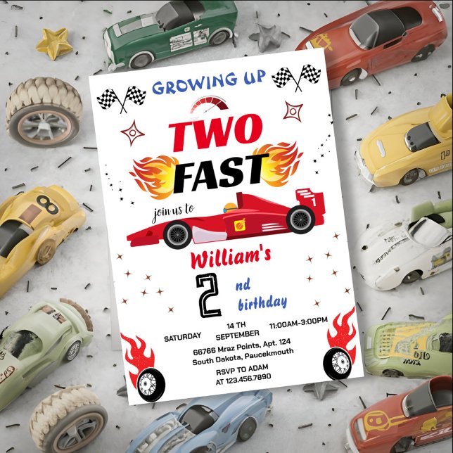 cute red boy cars Race Car two fast 2nd birthday Invitation (Creator Uploaded)
