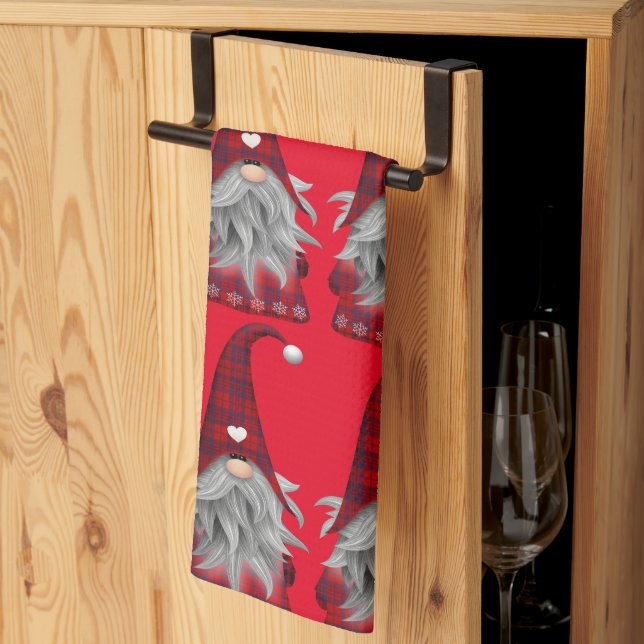 Cute Red Buffalo Plaid Christmas Gnome  Kitchen Towel (Thirds Fold)