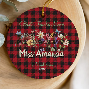 Cute Red Buffalo Plaid Floral Teacher Christmas Ceramic Ornament