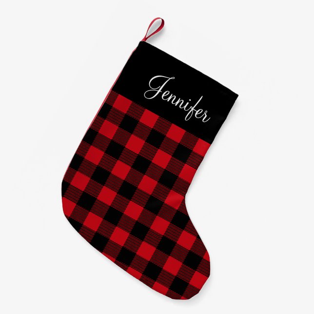 Cute Red Buffalo Plaid Pattern Name Farmhouse Smal Small Christmas Stocking (Front (Hanging))