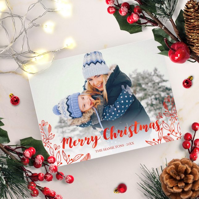 Cute Red Calligraphy Photo Merry Christmas Postcard (Creator Uploaded)