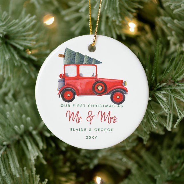 Cute Red Car Christmas Tree First Christmas Photo Ceramic Ornament (Tree)
