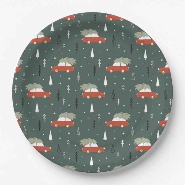 Cute Red Car Christmas Tree Winter Pattern Paper Plate (Front)