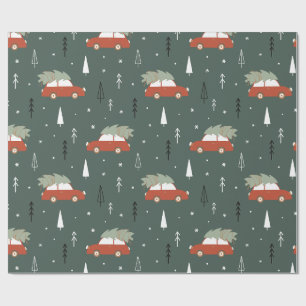 Cute Red Car Christmas Tree Winter Pattern Wrapping Paper