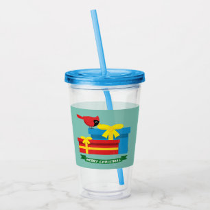 Cute Red Cardinal Opening A Blue Gift Acrylic Tumbler