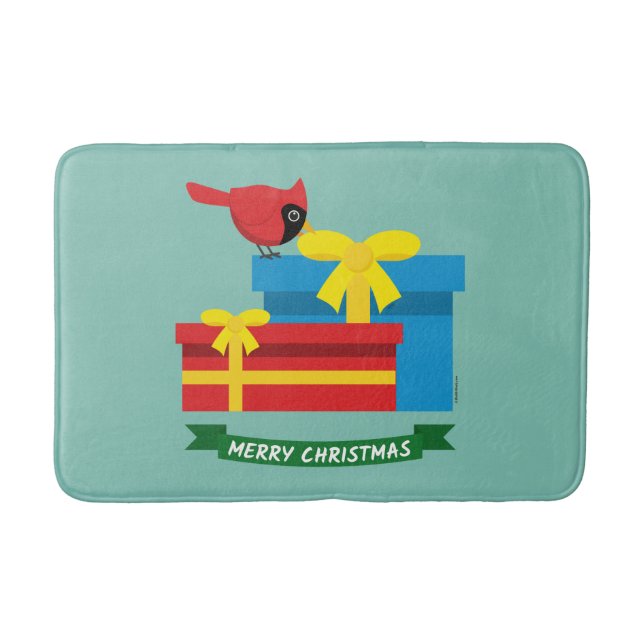 Cute Red Cardinal Opening A Blue Gift Bath Mat (Front)