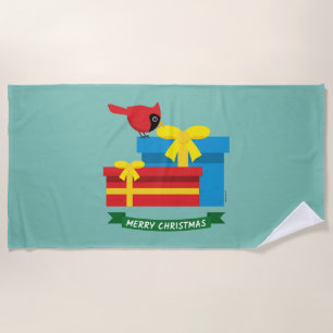 Cute Red Cardinal Opening A Blue Gift Beach Towel