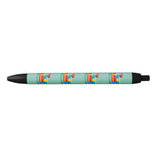 Cute Red Cardinal Opening A Blue Gift Black Ink Pen