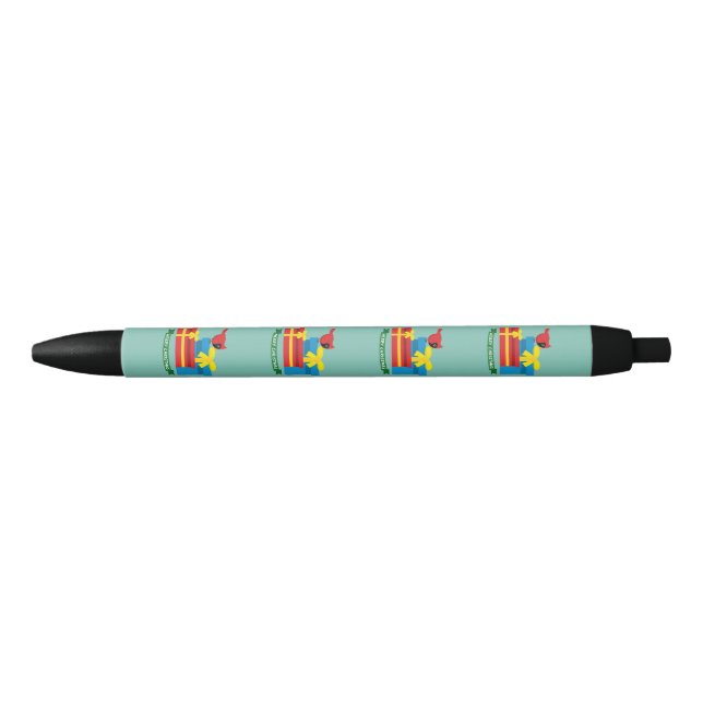 Cute Red Cardinal Opening A Blue Gift Black Ink Pen (Front)